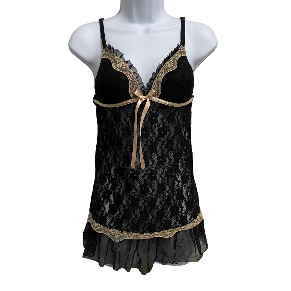 Women's Sheer Lace Coquette Babydoll Top S Bow Feminine Romantic Floral Delicate
